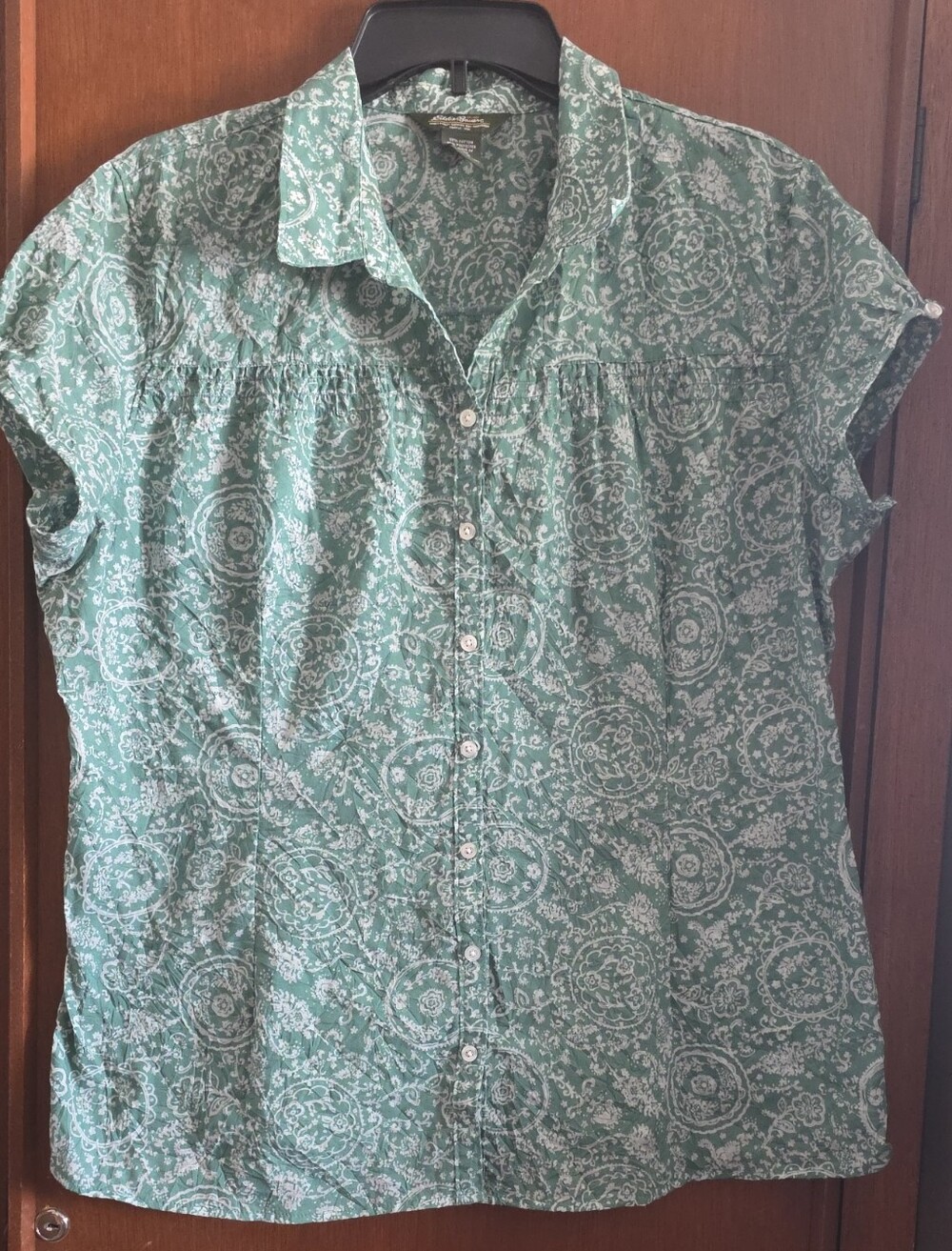 Eddie Bauer Green Button-Front Cap Sleeve Shirt Sz Xl